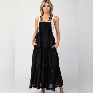 Romantic Suspender Dress Crochet Lace Whimsical Embroidered Black Size Small